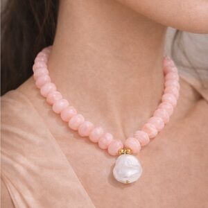 Luxury Blush Pink Gemstone Necklace with Baroque Pearl Pendant
